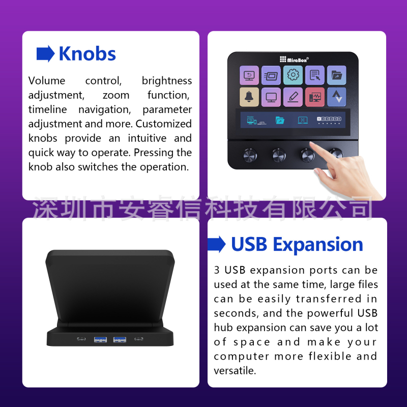 N4 Визуална макроклавиатура за Stream Deck с LCD дисплей, четири въртящи се копчета и програмирани клавиши.