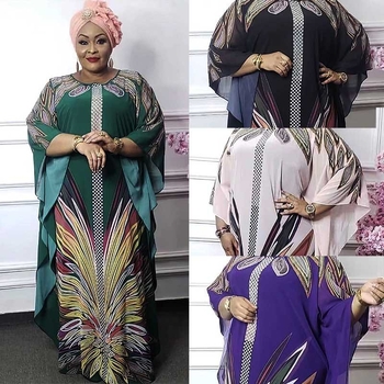 Плюс размер абая рокля – шифон, геометричен принт, комплект от две части, кръгло деколте, реглан ръкави