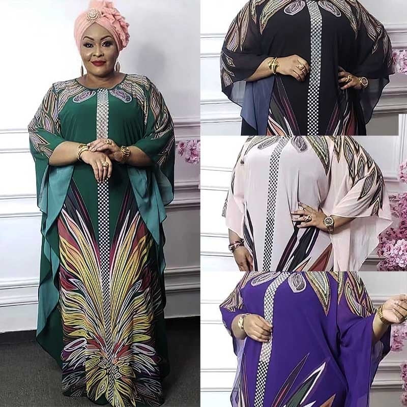 Плюс размер абая рокля – шифон, геометричен принт, комплект от две части, кръгло деколте, реглан ръкави