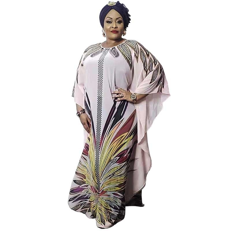 Плюс размер абая рокля – шифон, геометричен принт, комплект от две части, кръгло деколте, реглан ръкави