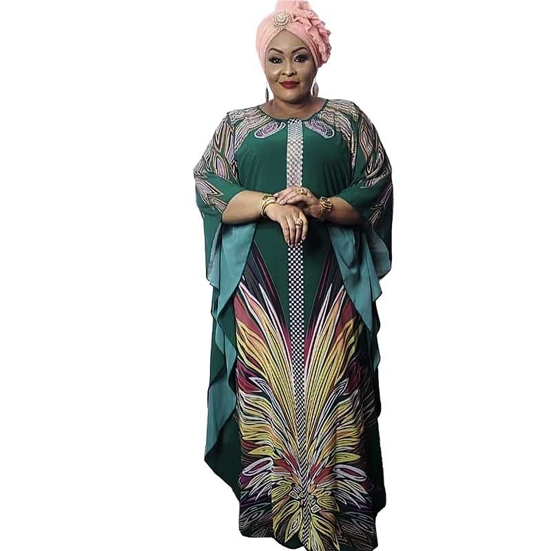 Плюс размер абая рокля – шифон, геометричен принт, комплект от две части, кръгло деколте, реглан ръкави