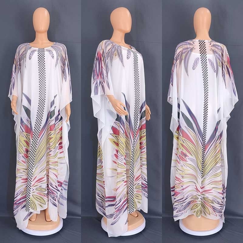 Плюс размер абая рокля – шифон, геометричен принт, комплект от две части, кръгло деколте, реглан ръкави