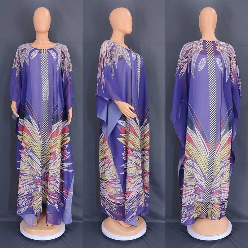 Плюс размер абая рокля – шифон, геометричен принт, комплект от две части, кръгло деколте, реглан ръкави