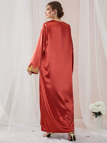 Abaya рокля с дантела, едноцветна, полиестер, V-образно деколте, дълги ръкави