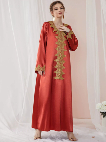 Abaya рокля с дантела, едноцветна, полиестер, V-образно деколте, дълги ръкави