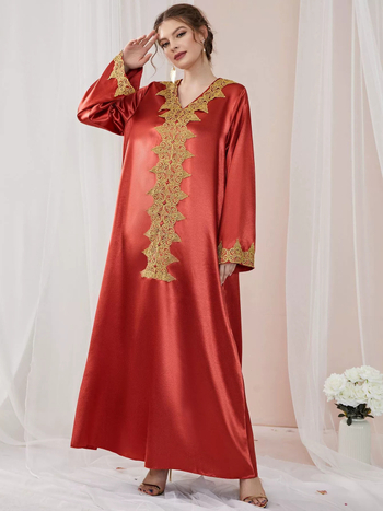 Abaya рокля с дантела, едноцветна, полиестер, V-образно деколте, дълги ръкави