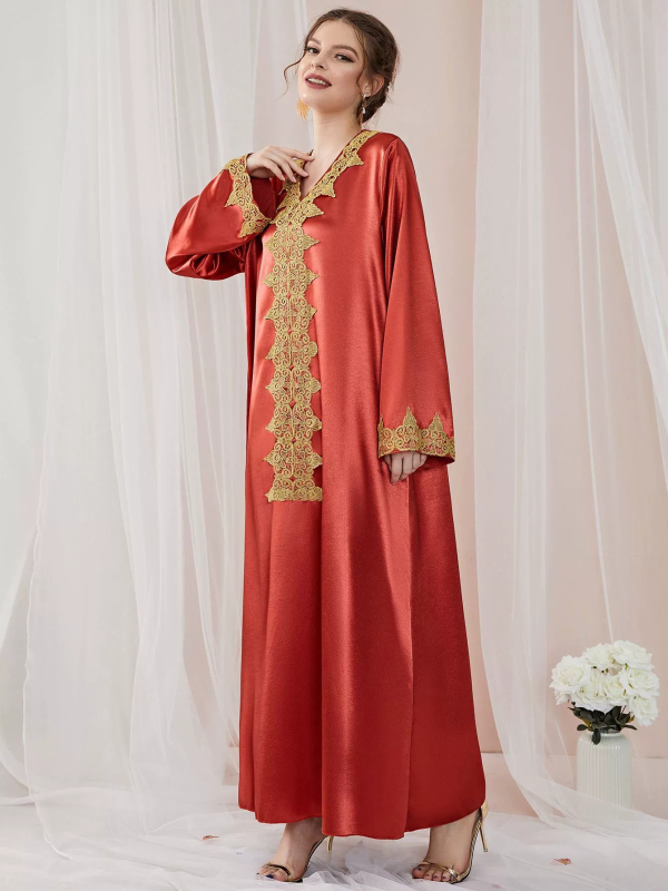 Abaya рокля с дантела, едноцветна, полиестер, V-образно деколте, дълги ръкави