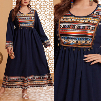 Рокля с бродерия в етнически стил, кръгло деколте, дълги ръкави, кройка А-линия, дълга рокля, полиестерна материя
