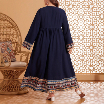 Рокля с бродерия в етнически стил, кръгло деколте, дълги ръкави, кройка А-линия, дълга рокля, полиестерна материя