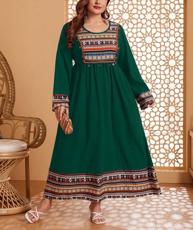 Рокля с бродерия в етнически стил, кръгло деколте, дълги ръкави, кройка А-линия, дълга рокля, полиестерна материя