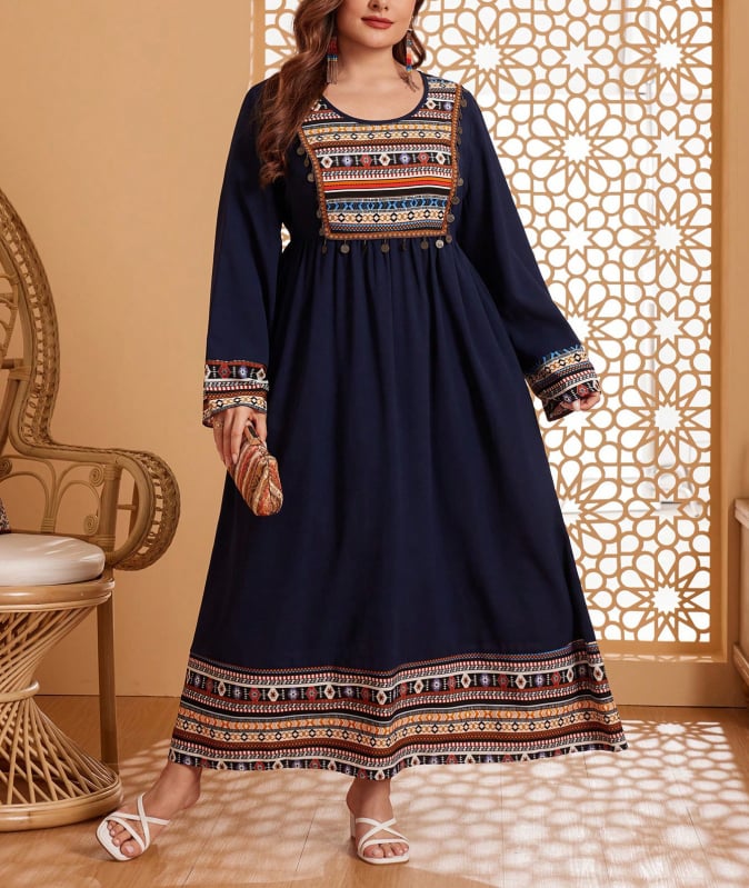 Рокля с бродерия в етнически стил, кръгло деколте, дълги ръкави, кройка А-линия, дълга рокля, полиестерна материя