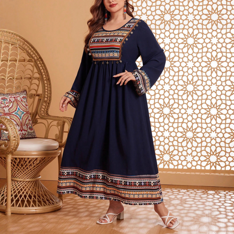 Рокля с бродерия в етнически стил, кръгло деколте, дълги ръкави, кройка А-линия, дълга рокля, полиестерна материя