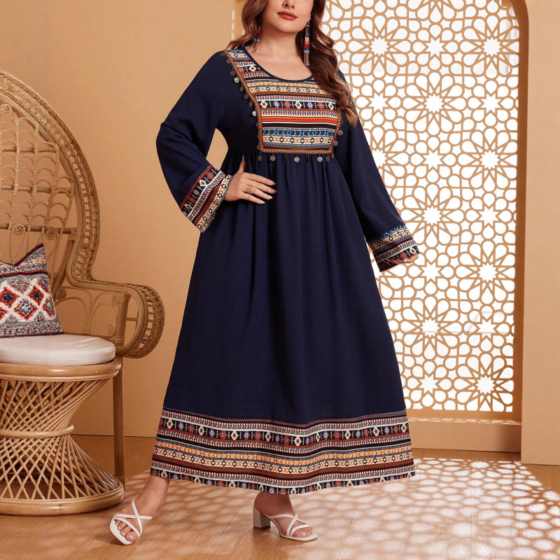 Рокля с бродерия в етнически стил, кръгло деколте, дълги ръкави, кройка А-линия, дълга рокля, полиестерна материя