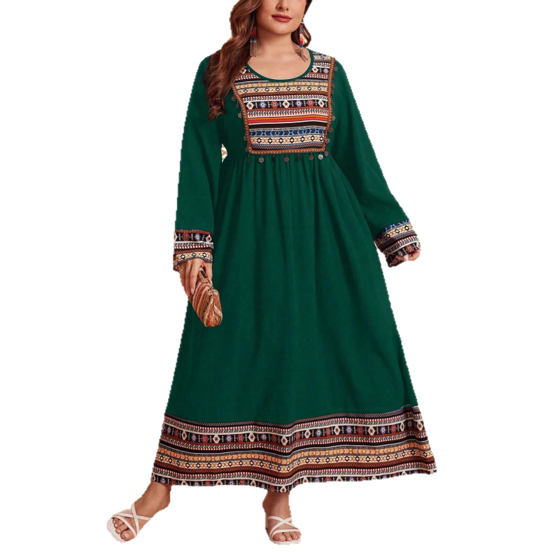 Рокля с бродерия в етнически стил, кръгло деколте, дълги ръкави, кройка А-линия, дълга рокля, полиестерна материя