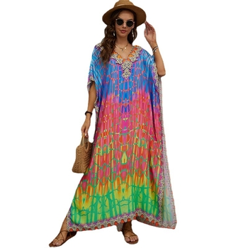 Плажно покривало-роба с V-образно деколте и принт за възрастни жени | плат 99% памук, 230 г/м²; подплата памук; подходящо за плуване