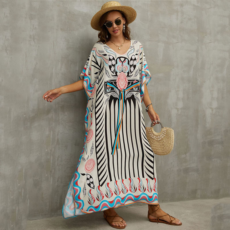 Плажно покривало-роба с V-образно деколте и принт за възрастни жени | плат 99% памук, 230 г/м²; подплата памук; подходящо за плуване