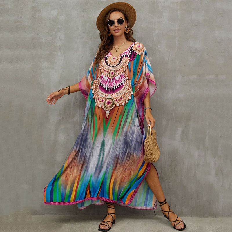 Плажно покривало-роба с V-образно деколте и принт за възрастни жени | плат 99% памук, 230 г/м²; подплата памук; подходящо за плуване