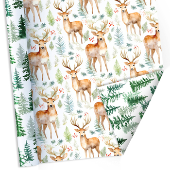 Хартия за подаръци, двойно-странична, коледен елен и иглолистен мотив, композитни материали, модерен стил