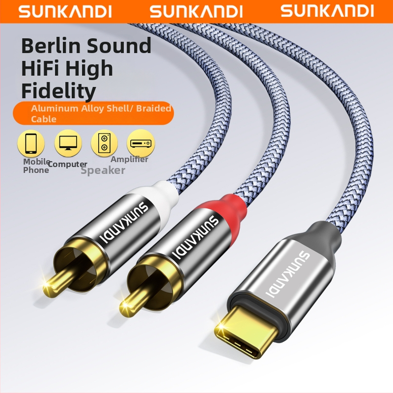 Sunkandi AV163 Type-C kuni 2RCA audio kaabel, kuldplekiga pistikud, hapnikuvaba vask südamik, põimitud juhtmed, CE/ROHS sertifikaadid