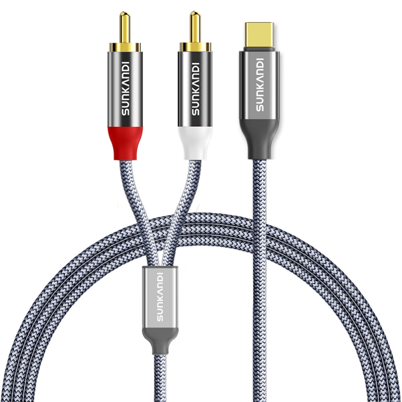 Sunkandi AV163 Type-C към 2RCA аудио кабел, позлатени конектори, мед с ниско съдържание на кислород, плетен проводник, CE/ROHS сертифициран