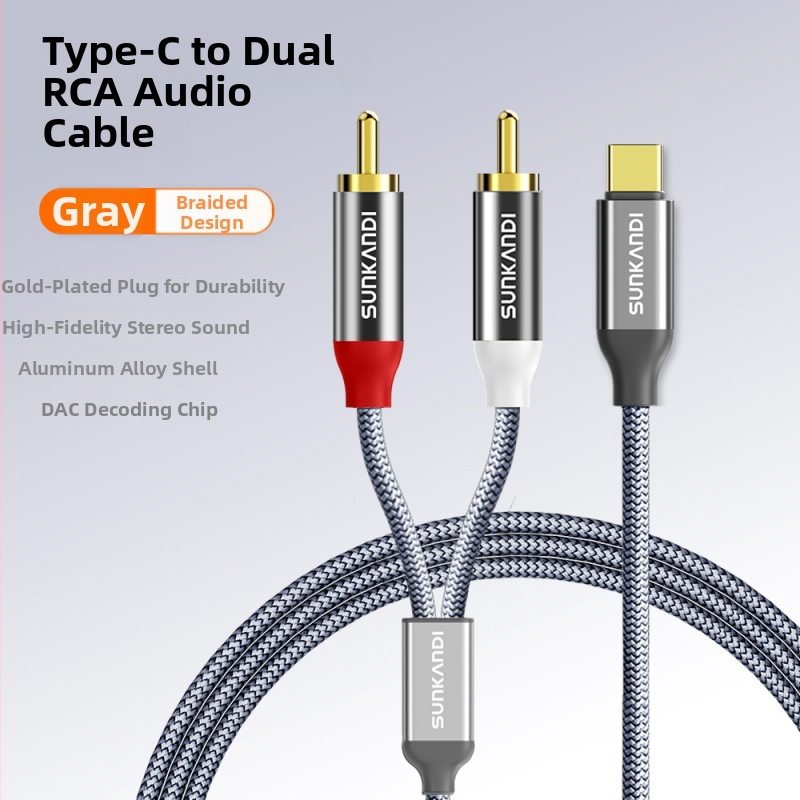 Sunkandi AV163 Type-C kuni 2RCA audio kaabel, kuldplekiga pistikud, hapnikuvaba vask südamik, põimitud juhtmed, CE/ROHS sertifikaadid