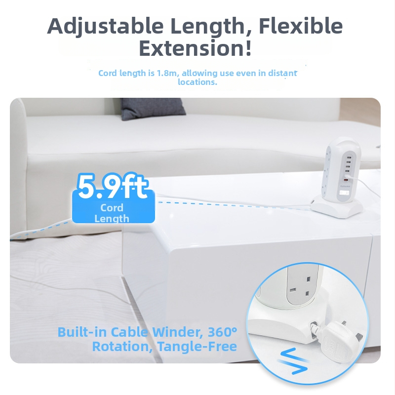 Tower-type мултифункционален интелигентен безопасен удължител за съхранение Yohome - 220V, PC+ABS корпус, 3250W, 1 кг, Британски стандарт