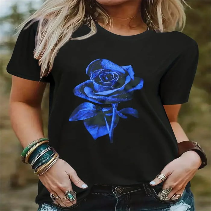 Тениска с 3D принт, кръгла яка, къси ръкави, свободен силует, полиестер