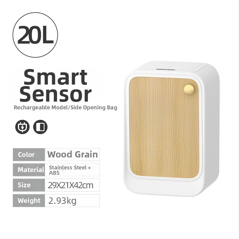 Äpp sensoriga prügikast koos katus ja küljeavatusega, ruudukujuline 18–25 L maht, puit- ja naha tekstuuriga viimistlus, elutoa, magamistoa ja köögi jaoks