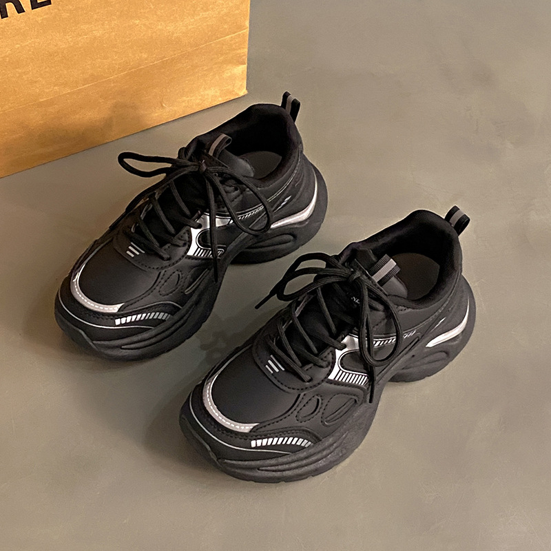 Нископрофилни маратонки с дебела подметка и предни връзки, дишащ мрежест вътрешен слой, PU горна, гумена подметка, унисекс, корейски стил dad shoes, пролет 2025