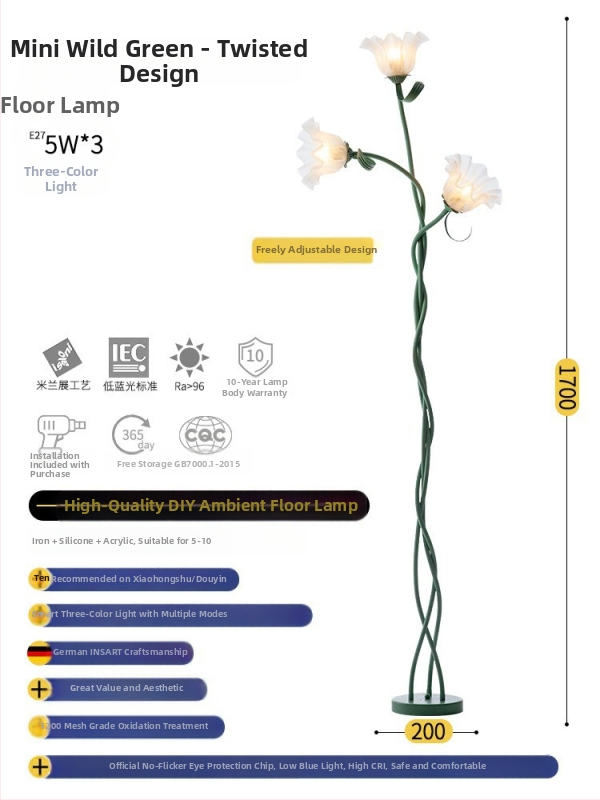 Põrandalamp pastoraalse vintage kujundusega, LED-valgus, 220V, akrüülvarjund, rauakorpus, valgustusala 5–10 m²