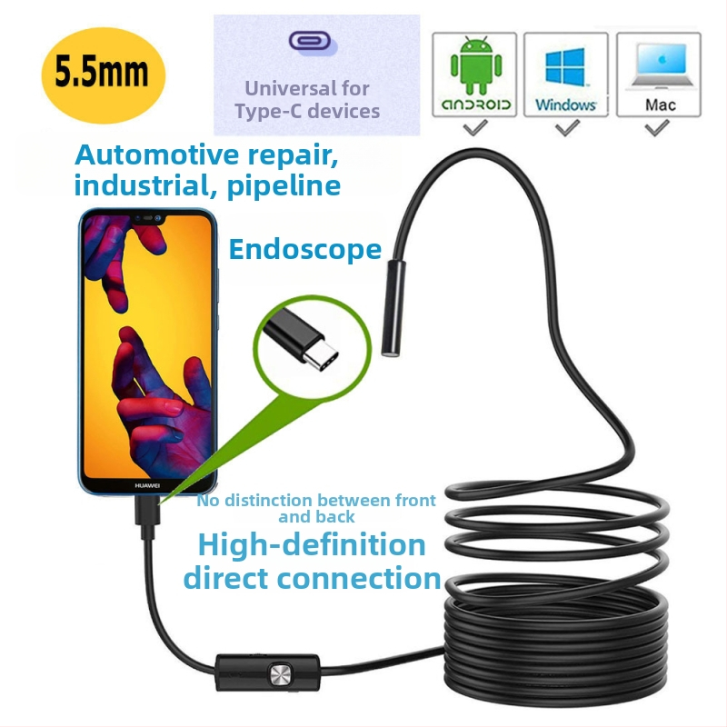 Android Type-C HD endoskoop – veekindel visuaalne sond kliimaseadmete, autoremont ja tööstuslike torude jaoks, mudel HK-5.5-T