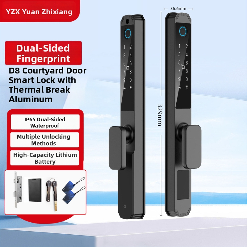 Замък за врати с пръстов отпечатък, модел QDA6, водоустойчив, за врати от алуминиева сплав, капацитет 100 отпечатъка, сканиране <0,5 s, процент фалшив прием 0,0001, диапазон -10°C до 75°C