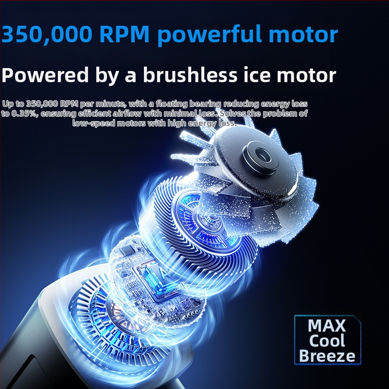 Käeshoitav ventilaator, 4 kiirust, brushless mootor, sisseehitatud aku 2000–4000 mAh, heli 36–45 dB