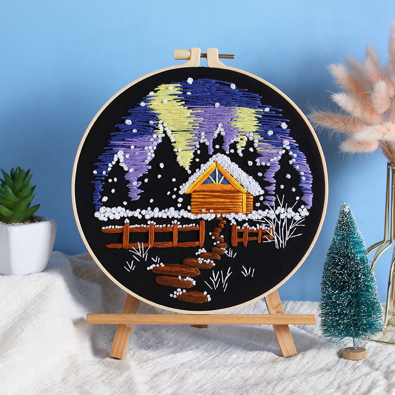 Nordic стил Комплект за бродиране с кръстат бод върху памучна тъкан – пейзаж със заснежена планина и гора