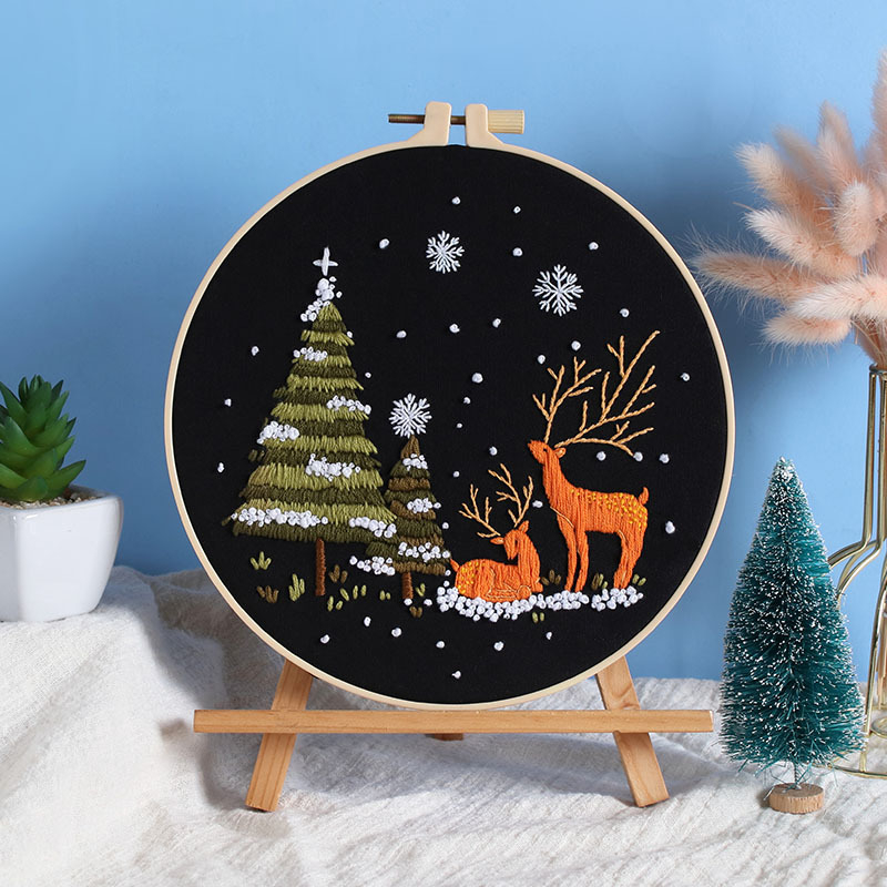 Nordic стил Комплект за бродиране с кръстат бод върху памучна тъкан – пейзаж със заснежена планина и гора