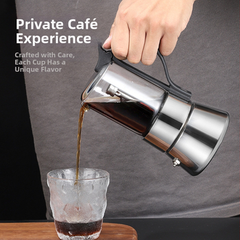 Itaalia moka pot borosilikaadist klaasist korpusega, topeltventiil, roostevabast terasest konstruktsioon, kohvi ekstraktsioon