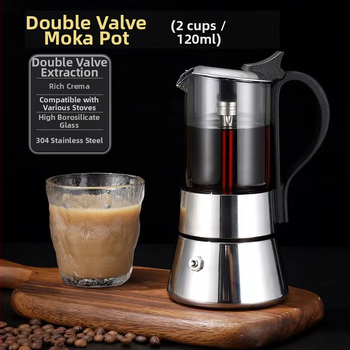 Itaalia moka pot borosilikaadist klaasist korpusega, topeltventiil, roostevabast terasest konstruktsioon, kohvi ekstraktsioon