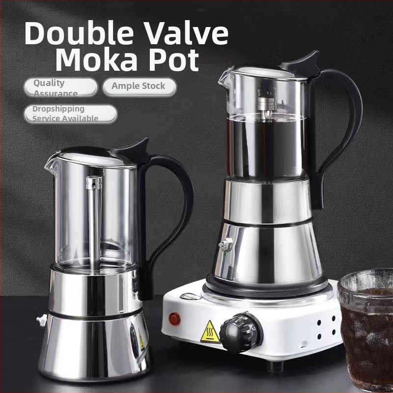 Itaalia moka pot borosilikaadist klaasist korpusega, topeltventiil, roostevabast terasest konstruktsioon, kohvi ekstraktsioon