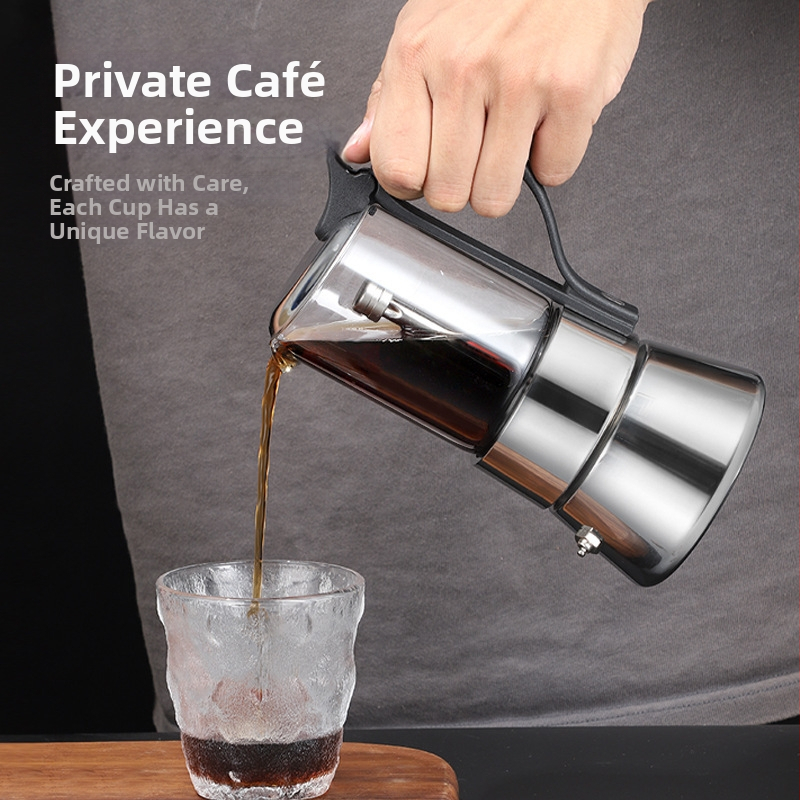 Italų moka puodelis su borosilikatinio stiklo korpusu, dviejų vožtuvų, nerūdijančio plieno konstrukcija, kavos ekstrakcija