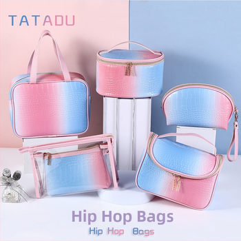 Чанта за грим с крокодилски принт, PU материал, градиентен дизайн, подплата от полиестер, водоустойчива за пътуване