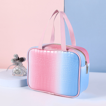 Чанта за грим с крокодилски принт, PU материал, градиентен дизайн, подплата от полиестер, водоустойчива за пътуване