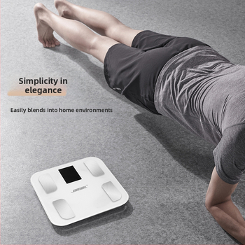 Везна за телесен състав с Bluetooth и автоматично сензорно управление; измерване на телесни мазнини и влажност; G-тип високопрецизен сензор; диапазон 5–180 кг; USB зареждане.