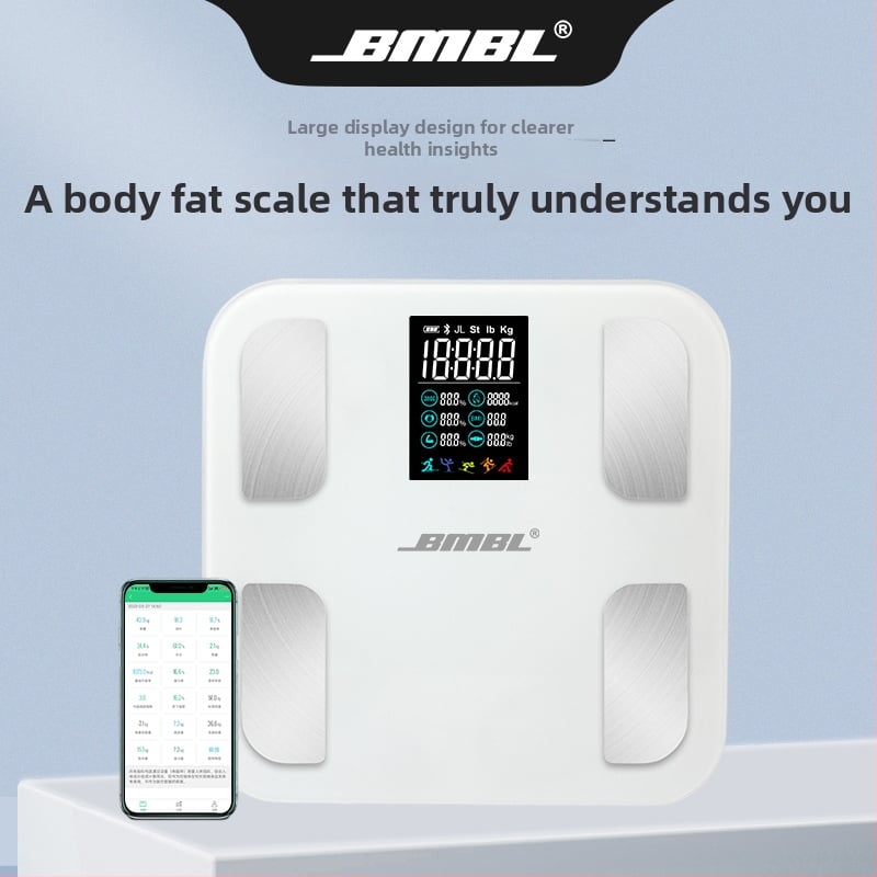 Везна за телесен състав с Bluetooth и автоматично сензорно управление; измерване на телесни мазнини и влажност; G-тип високопрецизен сензор; диапазон 5–180 кг; USB зареждане.