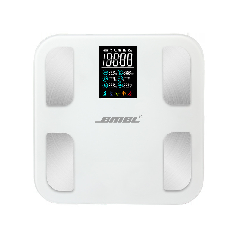 Везна за телесен състав с Bluetooth и автоматично сензорно управление; измерване на телесни мазнини и влажност; G-тип високопрецизен сензор; диапазон 5–180 кг; USB зареждане.