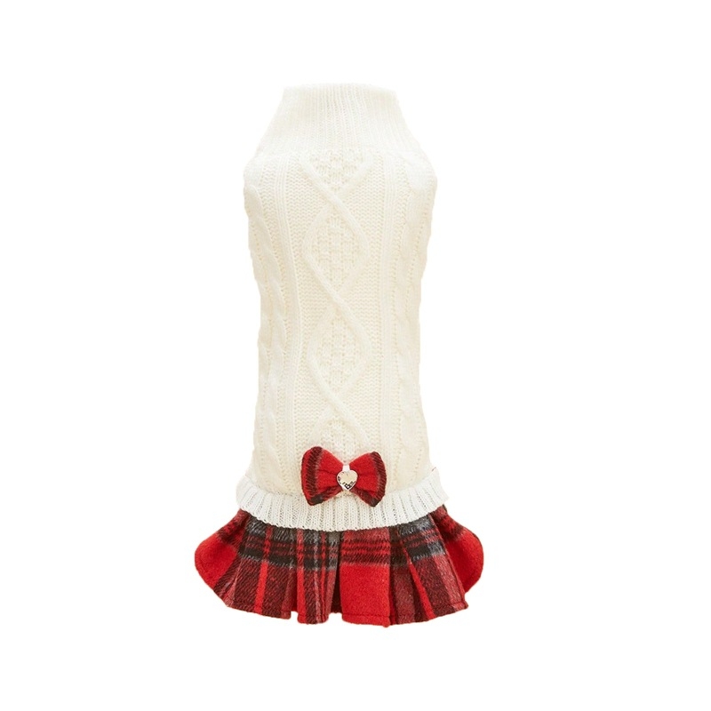 Комплект от две части: британски стил, акрилна плетена жилетка с панделка и каре пола за кучета и котки