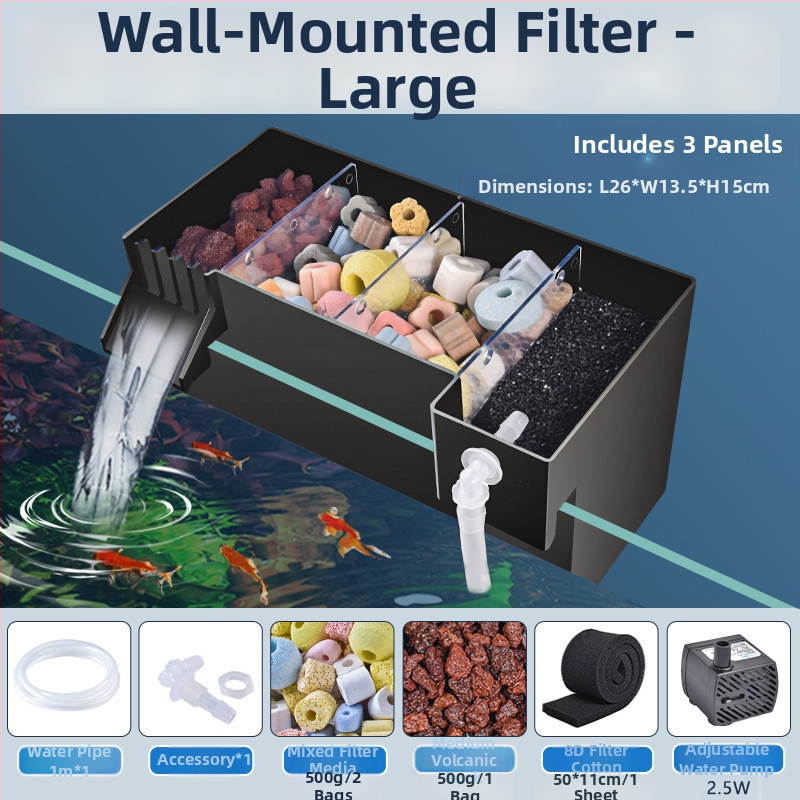 Seinaga akvaariumifilter, kolm ühes filtratsioonisüsteem, hapnikustamine ja kasulike bakterite tugi, vaikne töö, kaal 1 kg