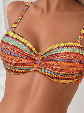 Naiste kaheosaline ujumistrikoo etnilise trükiga ja geomeetrilise mustriga, reguleeritava nööri disainiga, kõrge elastsus