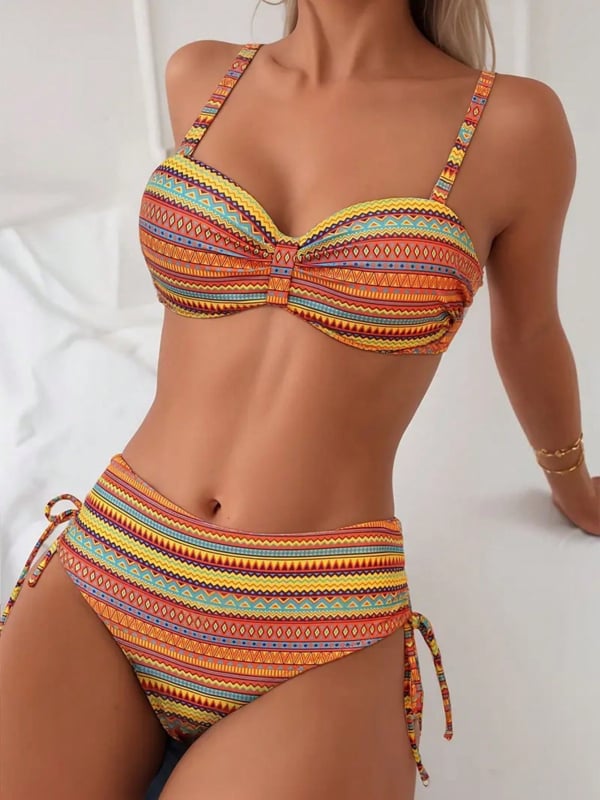Naiste kaheosaline ujumistrikoo etnilise trükiga ja geomeetrilise mustriga, reguleeritava nööri disainiga, kõrge elastsus