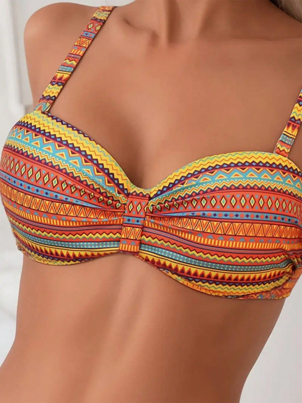 Naiste kaheosaline ujumistrikoo etnilise trükiga ja geomeetrilise mustriga, reguleeritava nööri disainiga, kõrge elastsus