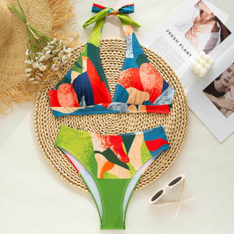 Naiste V-kaelusega bikini, rinnapadjad, mitmekesine lillemuster, kõrge elastsus, lõhestatud disain